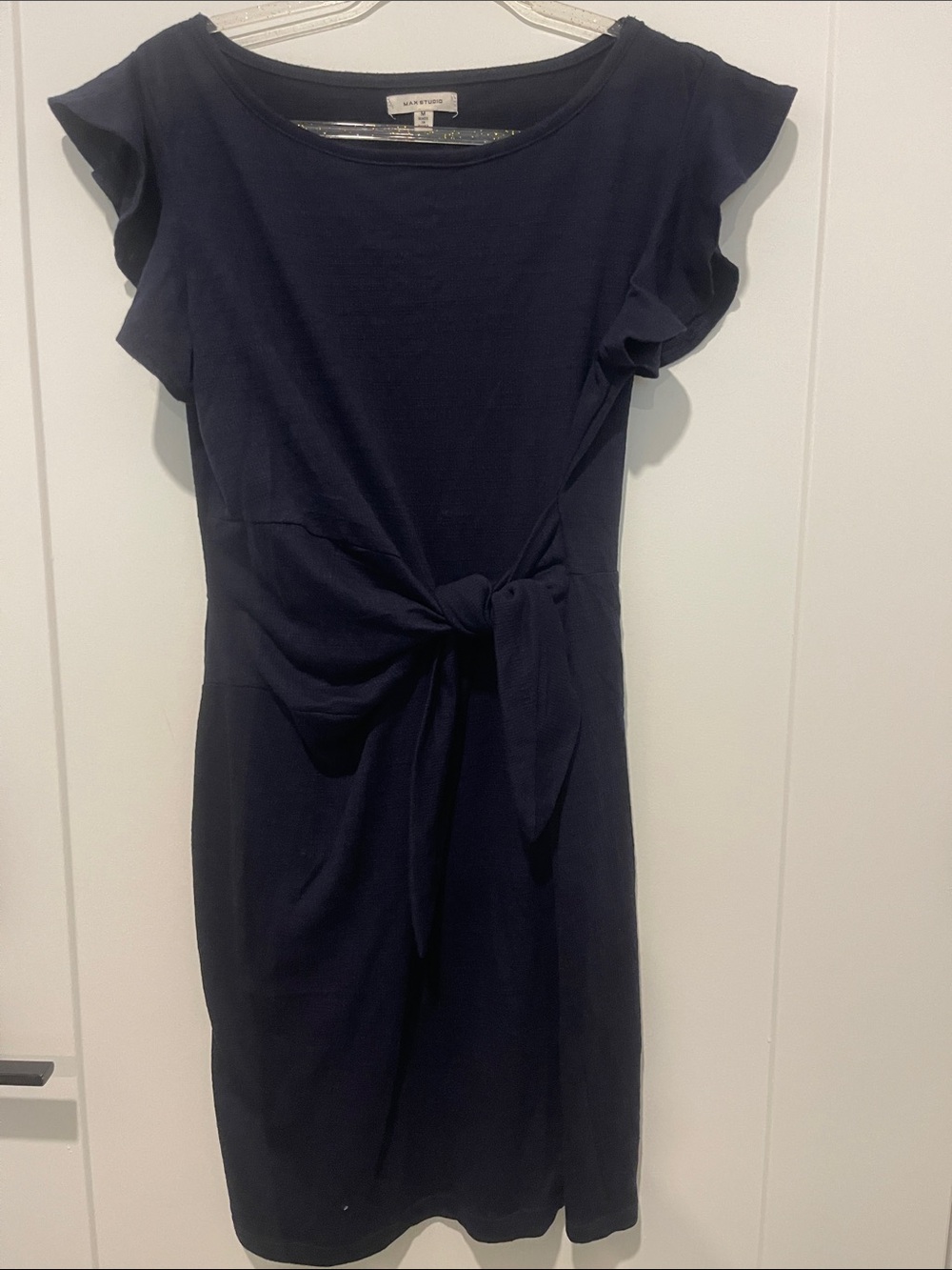 Max Studio Navy Tie-Waist Flutter Sleeve Midi Dress